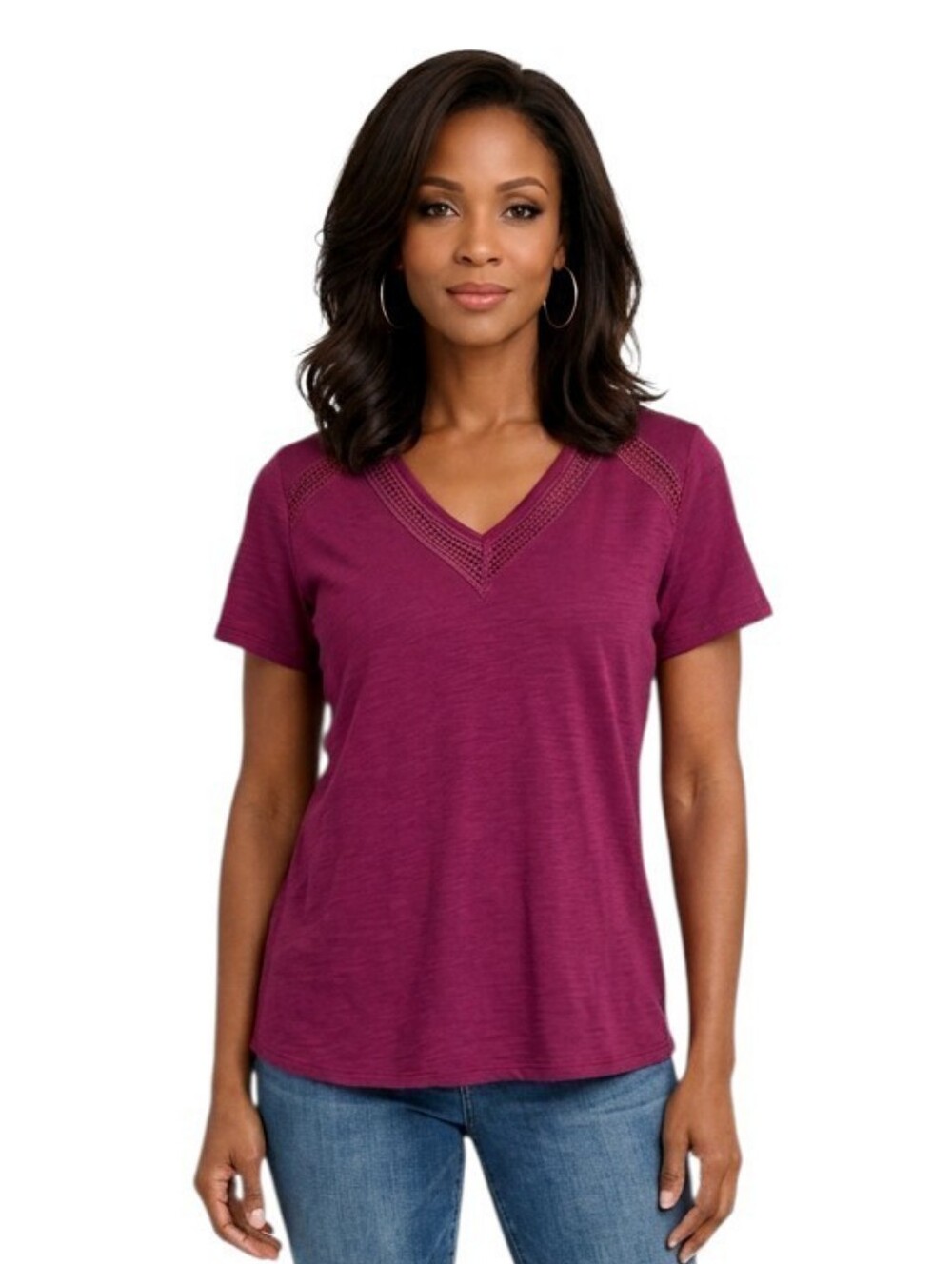 Liz Claiborne Berry V-Neck Lace Detail Short Sleeve Top Size L